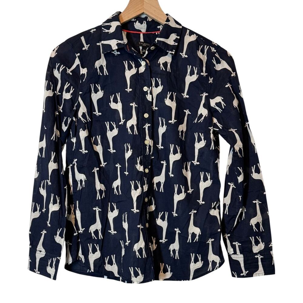 Talbots Giraffe Print Navy White Cotton Button Down Shirt Women’s Small Petite